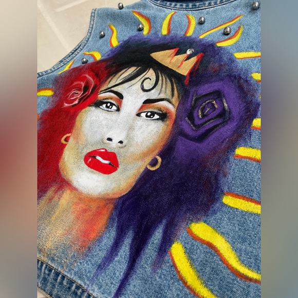Hand painted vintage up-cycled beaded Selena jean jacket size L - Picture 3 of 5
